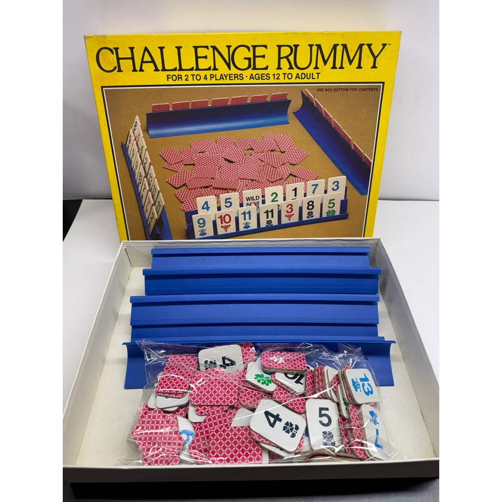 Vintage Challenge Rummy Board Game 108 Cardboard Tiles 4 Blue Racks Complete Set